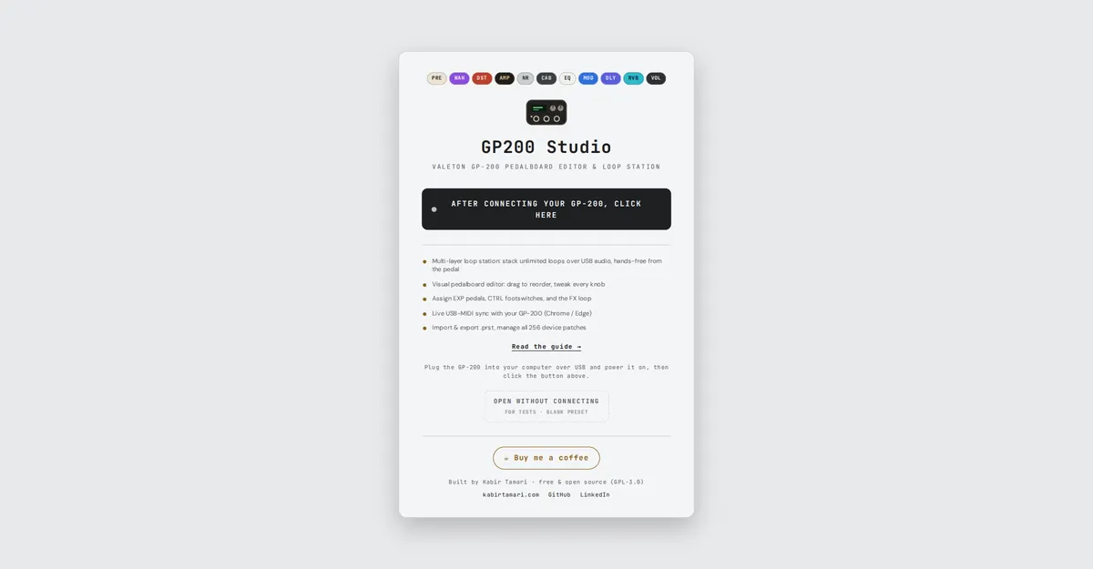 GP200 Studio landing screen with the connect button and the open-without-connecting link