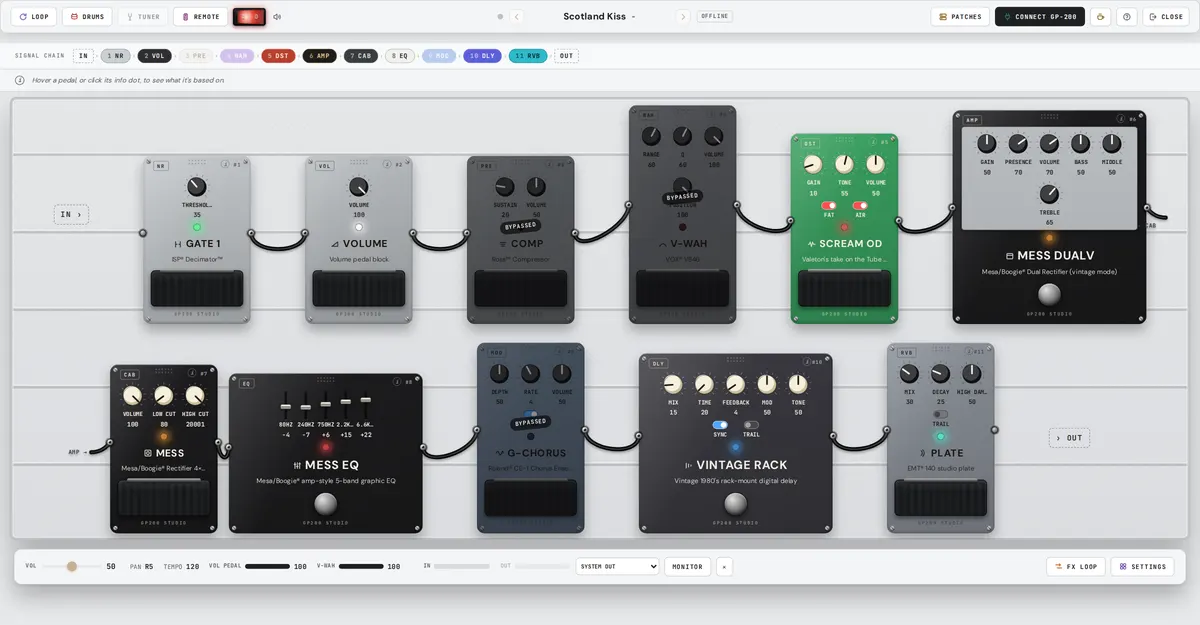 The pedalboard editor with two rows of effect pedals and signal cables