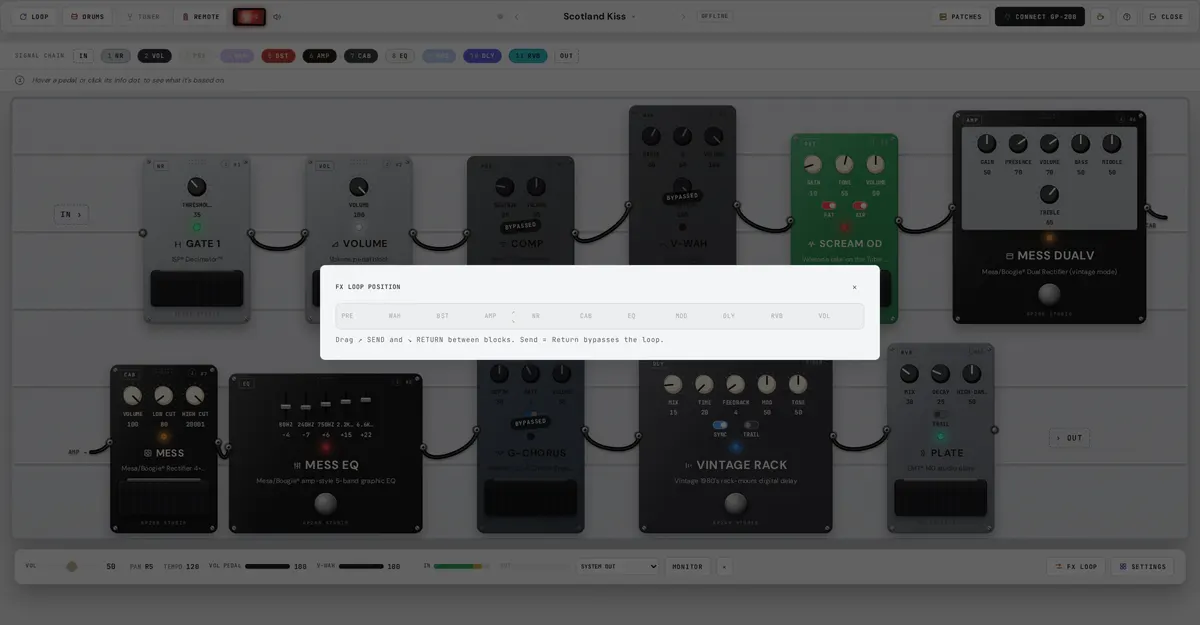 The FX loop drawer with draggable send and return arrows