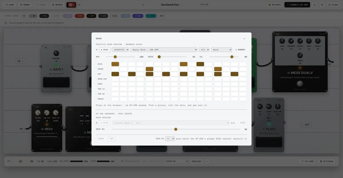The drums drawer with the step sequencer grid, kit and groove pickers