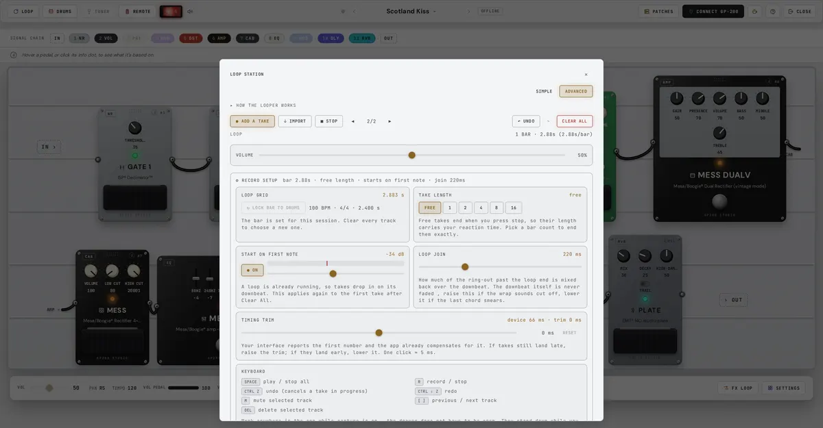 The loop station's advanced face with the record setup panel open
